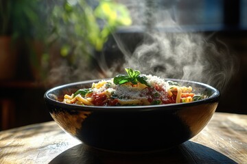 A steaming bowl of pasta topped with sauce, cheese, and a fresh basil leaf.