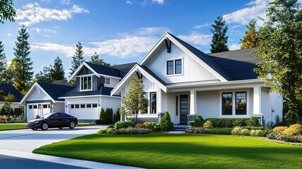 3D rendering of modern farmhouse-style homes with front landscape design