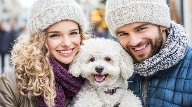 A smiling couple wearing warm winter clothes posing with their fluffy white dog, enjoying a cozy day outdoors in the city. - Powered by Adobe