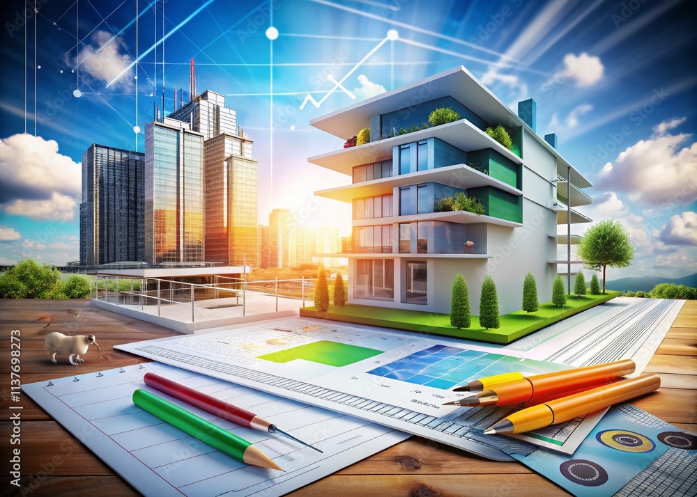 Poster surreal fusion of design and efficiency: a 3d energy rating chart overlaying intricate architectural