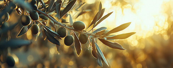 Closeup of olive fruit on tree branch. Olive garden and sunlight background design. Mediterranean old olive trees growing