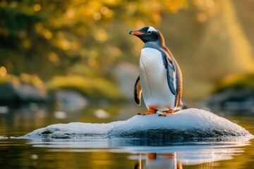 Fototapeta premium An adorable trio of penguins seems to dance on a drifting iceberg with a soft-focus ocean background evoking a sense of freedom. Beautiful simple AI generated image