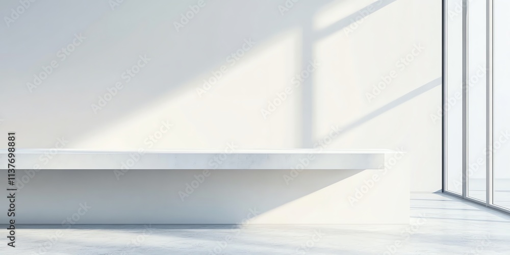 Poster minimalist white interior with a window and a shelf for product display.