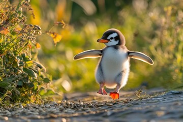 Fototapeta premium An adorable penguin appears at ease on a sandy beach, close to sea-kissed rocks. Beautiful simple AI generated image