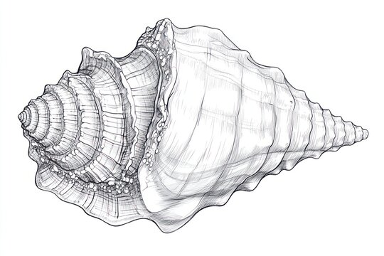 Detailed pencil sketch of a spiral seashell on white background. (1)