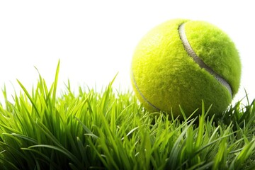 Isolated night tennis ball, vibrant green grass backdrop, perfect for sports-themed designs.