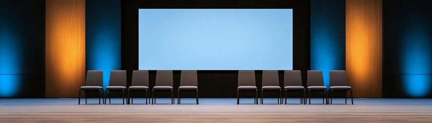 A modern conference stage with chairs and a large screen ready for presentations.