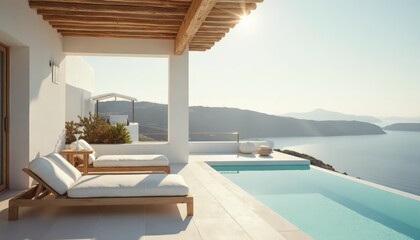 Obraz premium Stylish villa terrace with infinity pool and mountain view, serene atmosphere, modern design, natural light