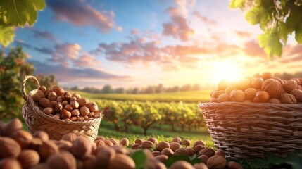 Bountiful Harvest: Nuts in a Vineyard at Sunset. Generative AI