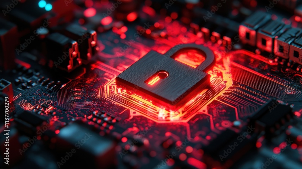 Poster secure digital data with lock symbol on circuit board in red glow effect