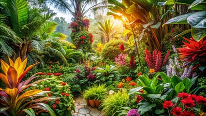 Fototapeta premium Mauritius Botanical Garden: Lush Tropical Plants, Exotic Flowers, Sir Seewoosagur Ramgoolam Botanical Garden, Pamplemousses, Island Paradise