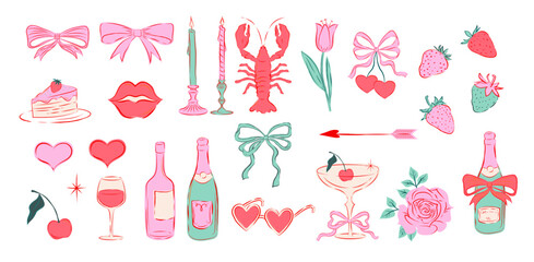 Elegant hand drawn style elements for Valentines day and wedding illustrations. Concept love themed icons for Valentine and birthday cards, save the date, picnic invitations