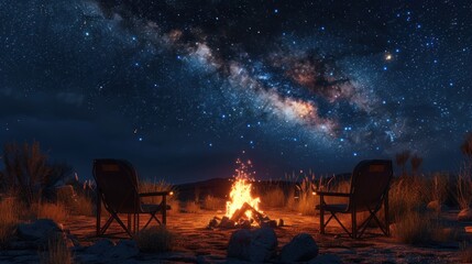Fototapeta premium Milky Way Night Campfire Serenity: A Tranquil Desert Escape Under the Stars
