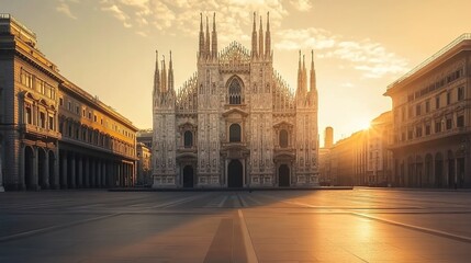 Fototapeta premium The majestic Duomo in Milan, Italy at sunrise with the square and buildings in front of it. 