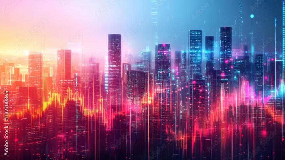 Poster abstract cityscape with colorful data visualization and futuristic skyline