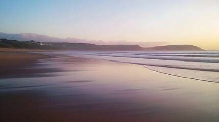 A photo of a tranquil beach at sunrise, with gentle waves washing over smooth, golden sand.