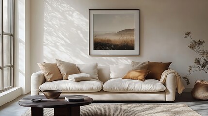 Poster frame on an off-white wall, modern beige sofa, dark wooden table, minimalist Scandinavian-inspired design 