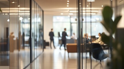 Blurred background of a business office interior with blurred people walking and working in the modern, bright glass building, with a bokeh effect.