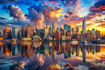 Fototapeta premium Surreal Midtown Manhattan Sunset Hudson River - Cityscape Painting, Dreamlike NYC, Fantasy Photography