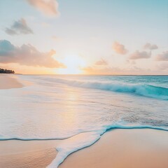 Obraz premium A photo of a tranquil beach at sunrise, with gentle waves washing over smooth, golden sand.