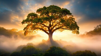 Fototapeta premium The towering tree stands proudly in the dense fog, its branches shrouded in a mystical veil as the early morning sunlight filters through, casting a soft golden glow on its majestic silhouette.