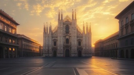 Fototapeta premium The majestic Duomo in Milan, Italy at sunrise with the square and buildings in front of it. 