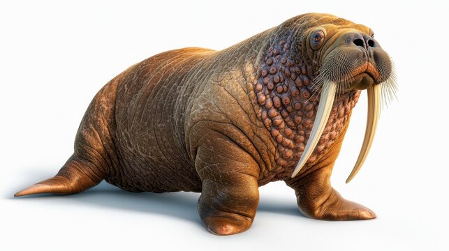 The image shows a large, blubbery walrus with long whiskers, tusks, and wrinkled skin, standing majestically on a white background.