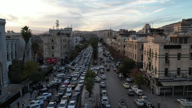 Aerial view of Damascus. Syrians celebrating the fall of Bashar al-Assad's regime. 
