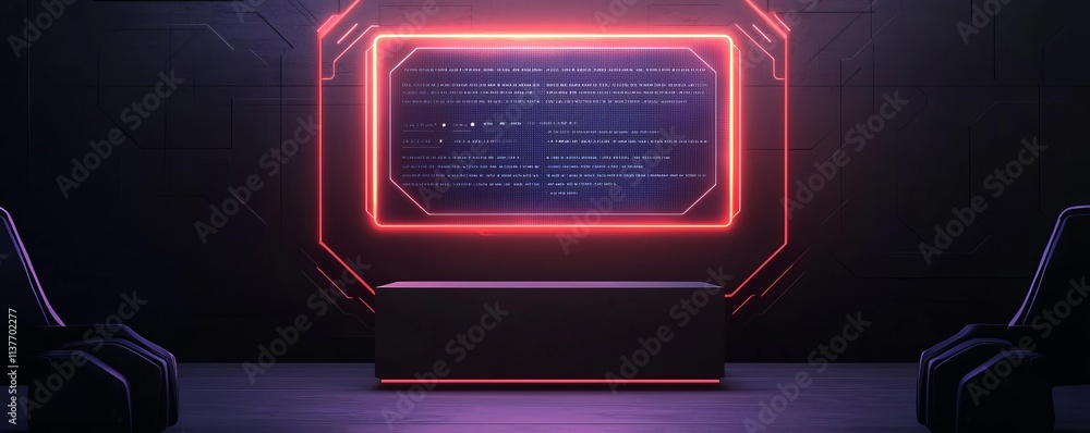Aufkleber futuristic digital interface with neon lights and information display in a dark room.