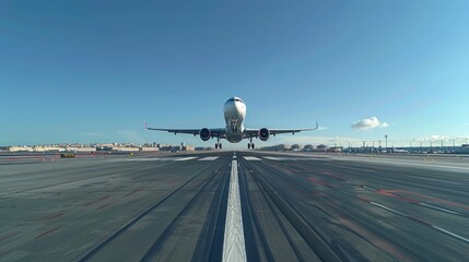 Airplane Landing: A Stunning View of a Jetliner Touching Down on the Runway