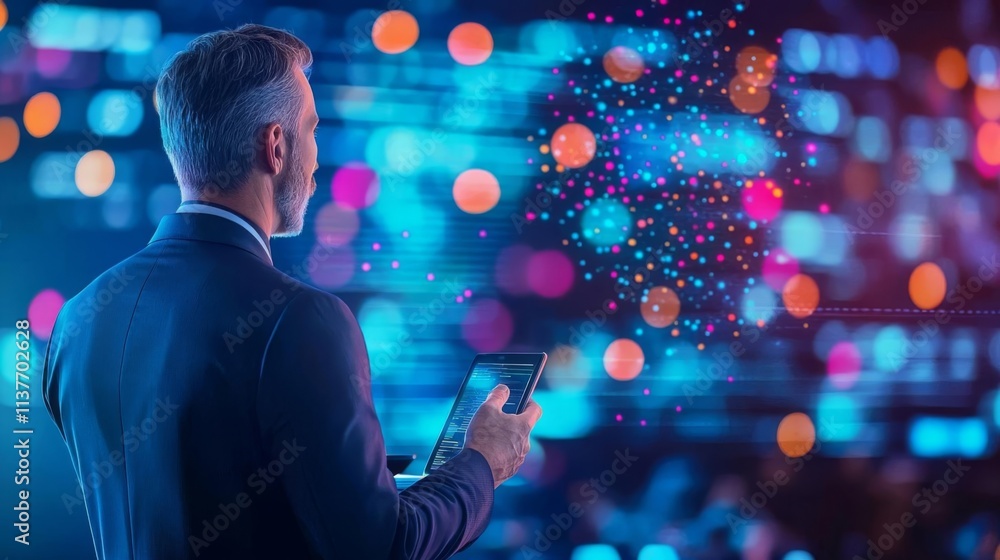 Poster a professional using a tablet surrounded by digital data and colorful lights.