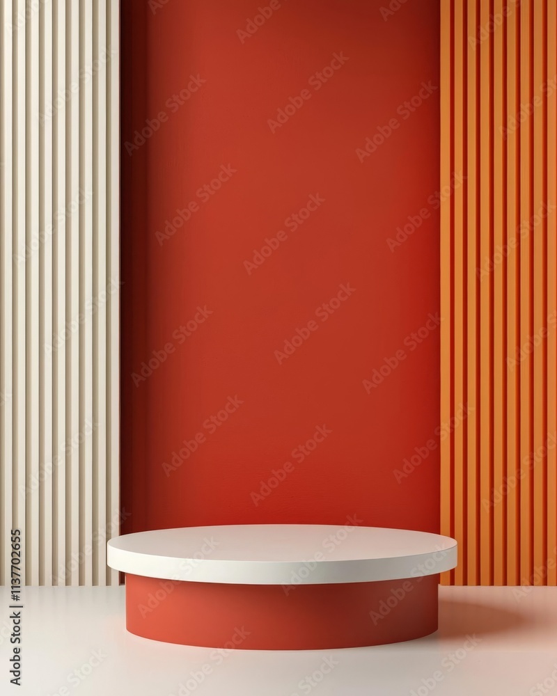 Poster minimalistic interior with circular podium and colorful striped walls for versatile usage.