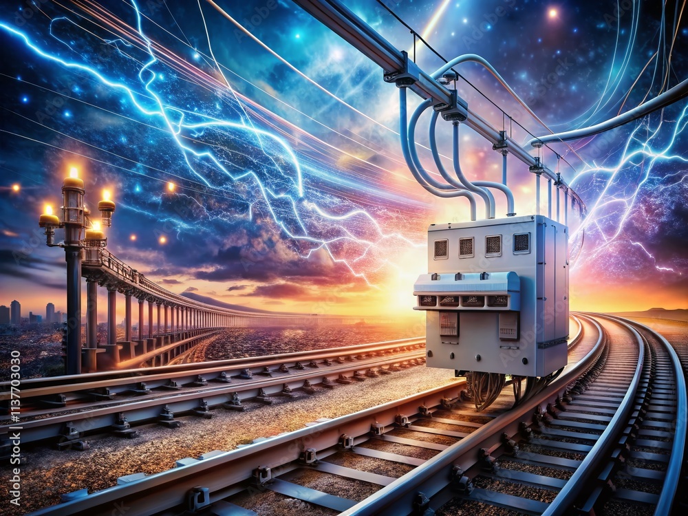 Poster surreal representation of a wire terminal with an automatic circuit breaker on a din-rail surrounded
