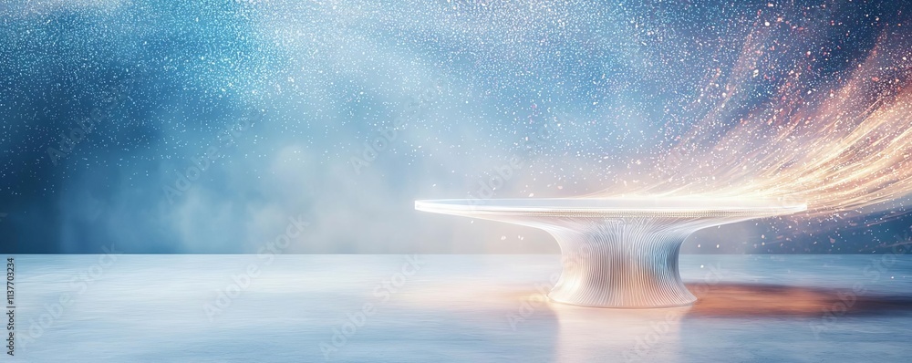 Poster a futuristic table showcasing dynamic light patterns and a misty ambiance.
