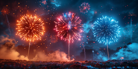 Obraz premium Festive fireworks in the night sky at a celebration event in honor of an anniversary or new year