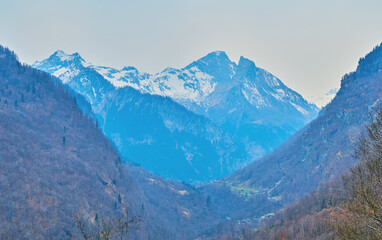 Mount Basodino in snow, as viewed from Val Lavizzara, Vallemaggia, Switzerland