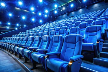 Fototapeta premium Rows of empty blue movie theater seats create a serene landscape, perfect for copy.