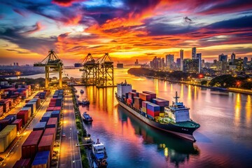 Fototapeta premium Surreal Scene of Cargo Ships Berthing at Bangkok Port Container Terminal, Klong Toei District, Thailand, Blending Reality with Dreamlike Elements in a Vibrant Cityscape