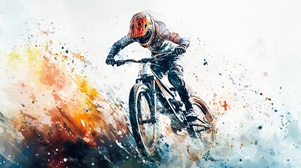 Mountain Bike Watercolor Painting: A Downhill Racer in Full Flight