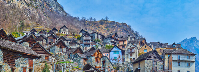 Panorama of Brontallo houses, Val Lavizzara, Vallemaggia, Switzerland