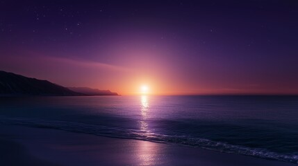 Fototapeta premium Serene sunset over calm ocean waters with distant hills and starry sky reflecting twilight hues