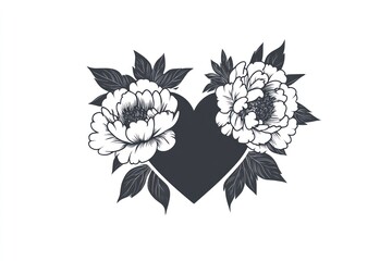 Heart-shaped design with two peonies and leaves.