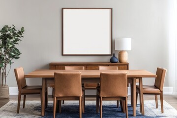 Blank framed poster mockup in kitchen room.