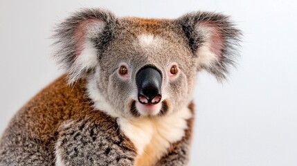 Fototapeta premium A close up photo of a fluffy koala with large round ears, a black nose, and a small mouth, against a blank white background, showcasing its adorable features.