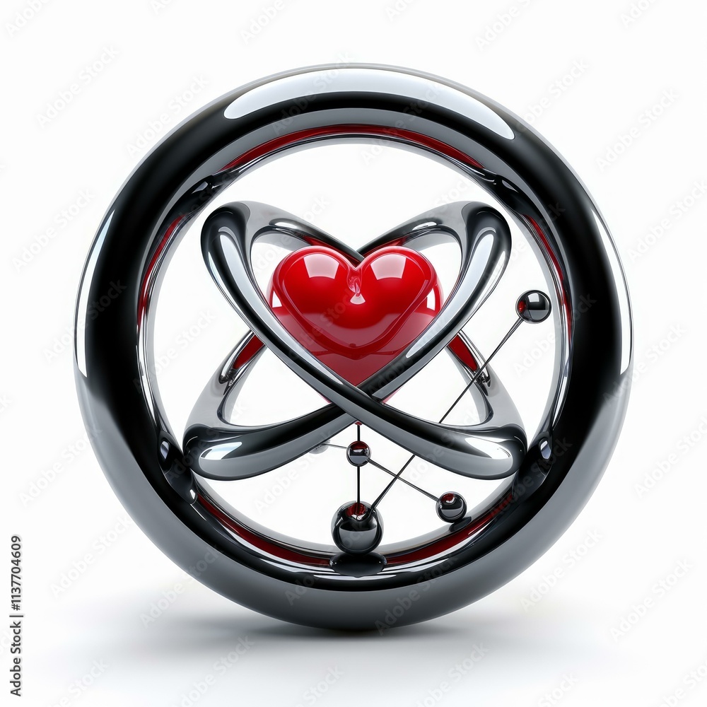 Poster glossy red heart is orbiting inside metallic atomic structure, representing connection between love 