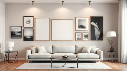 A living room wall mockup featuring various aesthetic art pieces forming a gallery wall, living room, frames, home decor