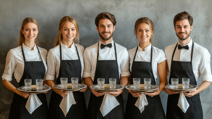 Catering service team welcoming guests at a stylish event modern venue professional photography indoor setting engaging atmosphere