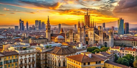 Fototapeta premium Milan Skyline Panorama, Italian Cityscape, Duomo, High-Rise Buildings, Sunset City Views, Architectural Photography, Amazing Italy