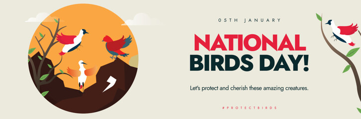 National Birds Day. 05th January Birds Day social media for social media awareness banner with birds flying.
