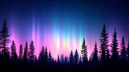Naklejka premium Captivating aurora borealis dance above pine forest night sky digital art serene atmosphere wide angle view nature's wonder